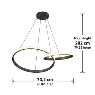 Artika Mora 28″ LED Pendant, 5CCT, modern black, dual LED rings; width 73.2cm, max height 202cm; adjustable color temperature.