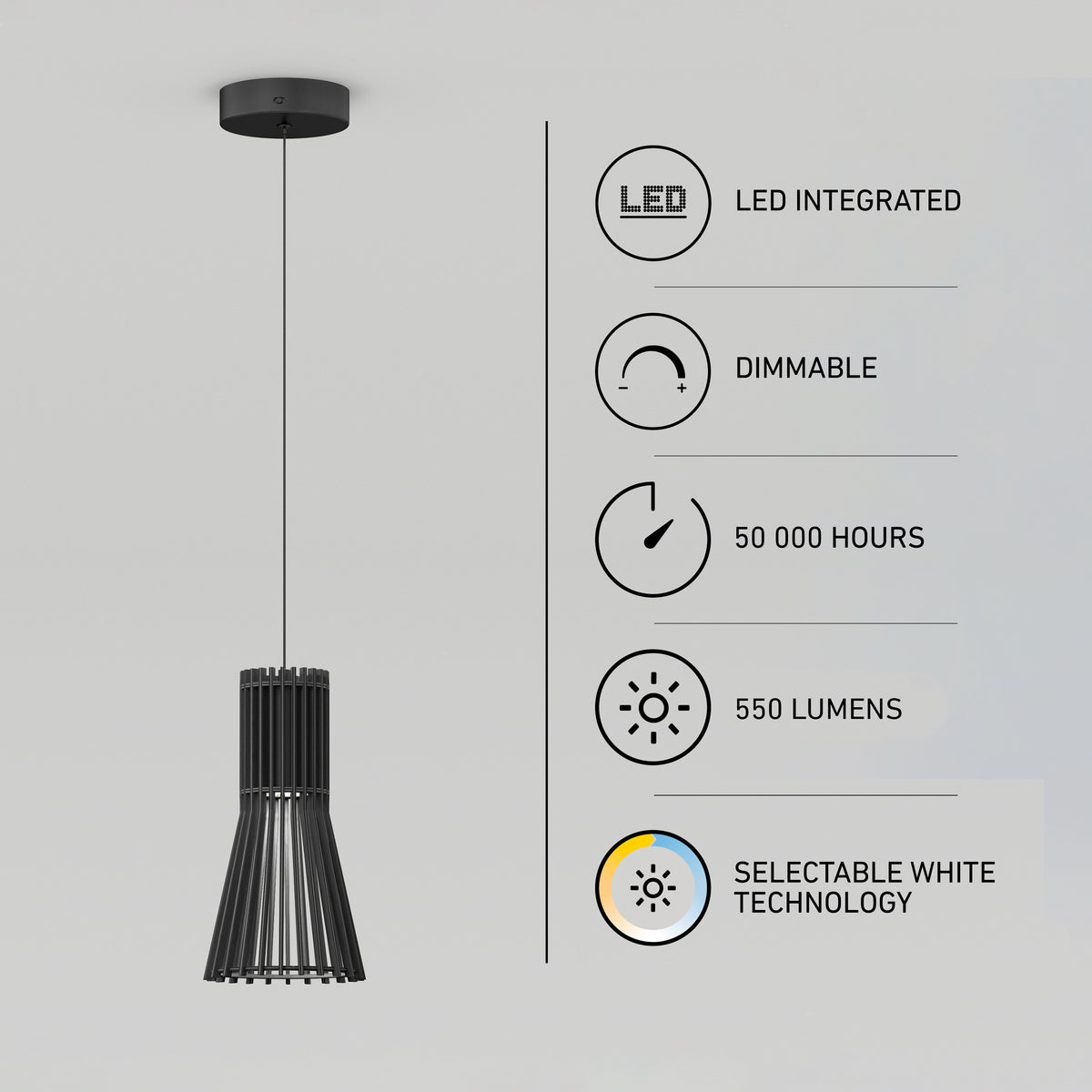 A modern black pendant light hangs from the ceiling. Beside it, icons indicate features: LED integrated, dimmable, 50,000 hours lifespan, 550 lumens, and selectable white technology.