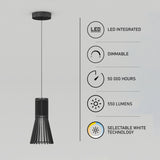 A modern black pendant light hangs from the ceiling. Beside it, icons indicate features: LED integrated, dimmable, 50,000 hours lifespan, 550 lumens, and selectable white technology.