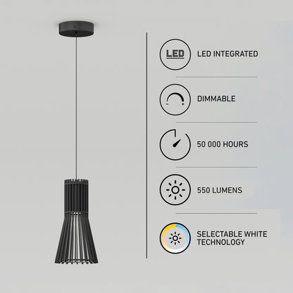 The Artika Kiyo modern LED pendant hangs from the ceiling, featuring integrated LEDs, dimmable function, 50,000-hour lifespan, 550 lumens brightness, and selectable white (3 CCT) technology.