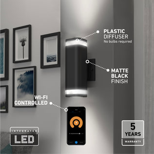 A modern black Artika Stark modern LED indoor-outdoor light with wi-fi, featuring glowing LED strips, app control, and warranty information.
