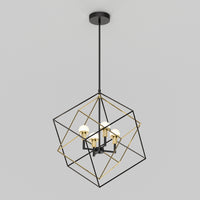 The Artika Peyton LED modern mid-century pendant light features a geometric black and gold open cube frame with four exposed bulbs, suspended from a black ceiling mount.