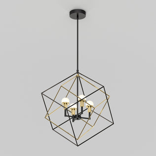 The Artika Peyton LED modern mid-century pendant light features a geometric black and gold open cube frame with four exposed bulbs, suspended from a black ceiling mount.