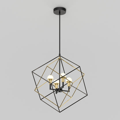 The Artika Peyton LED modern mid-century pendant light features a geometric black and gold open cube frame with four exposed bulbs, suspended from a black ceiling mount.