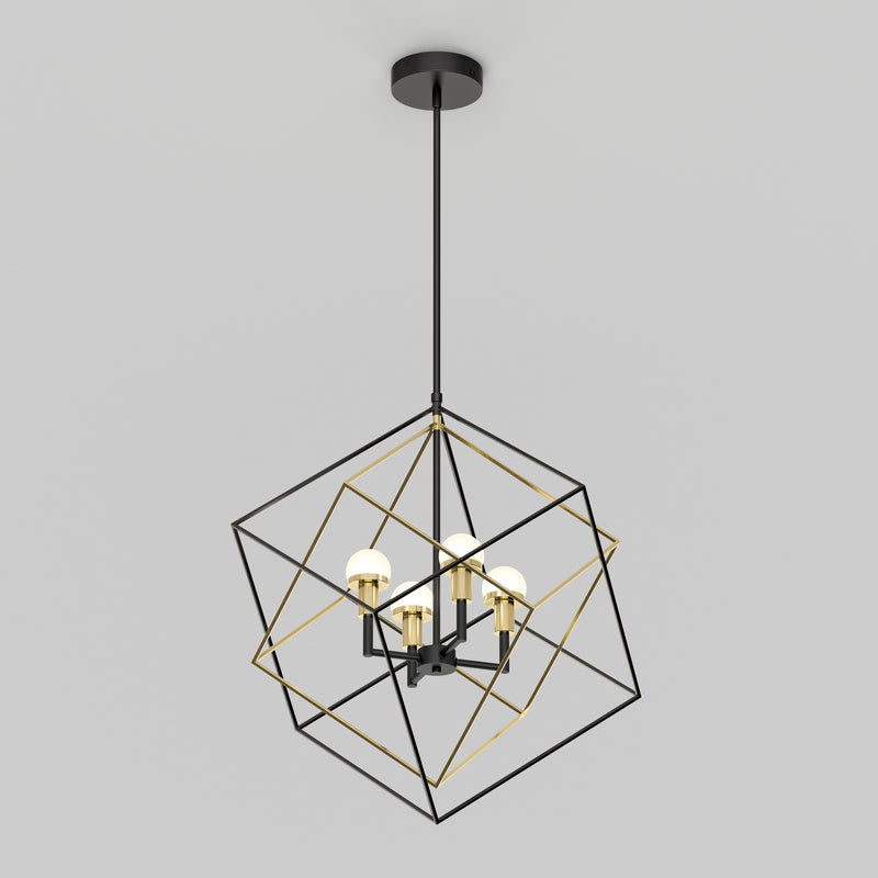 The Artika Peyton LED modern mid-century pendant light features a geometric black and gold open cube frame with four exposed bulbs, suspended from a black ceiling mount.