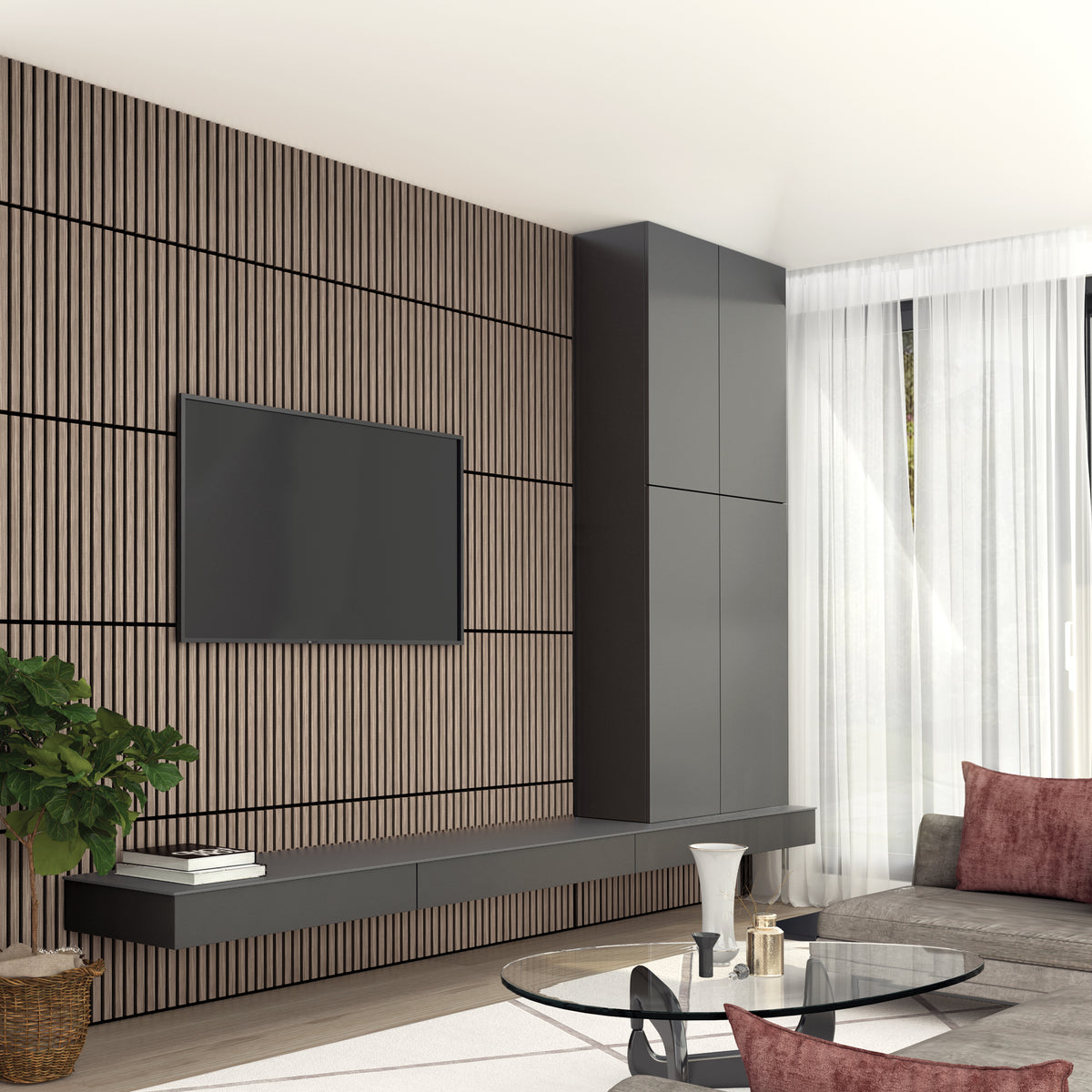A modern living room with a wood slat accent wall, wall-mounted TV, sleek black cabinets, a low console, gray sofa with burgundy pillows, round glass coffee table, and a large window with sheer white curtains.