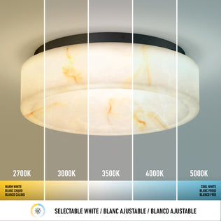 The Artika Clifford 15 in. flush mount light offers five selectable white color temperatures (2700K–5000K), shown in labeled sections with a selectable white icon below.