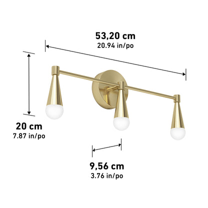 The Artika Wayden LED mid-century bathroom vanity light features three downward-facing cones, is gold and wall-mounted, with dimensions of 53.20 cm (W) x 20 cm (H) x 9.56 cm (D). Offers selectable CCT settings.