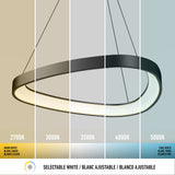 A modern oval pendant light is shown under five different lighting temperatures: 2700K (warm white), 3000K, 3500K, 4000K, and 5000K (cool white); background shifts from warm yellow to cool blue tones.