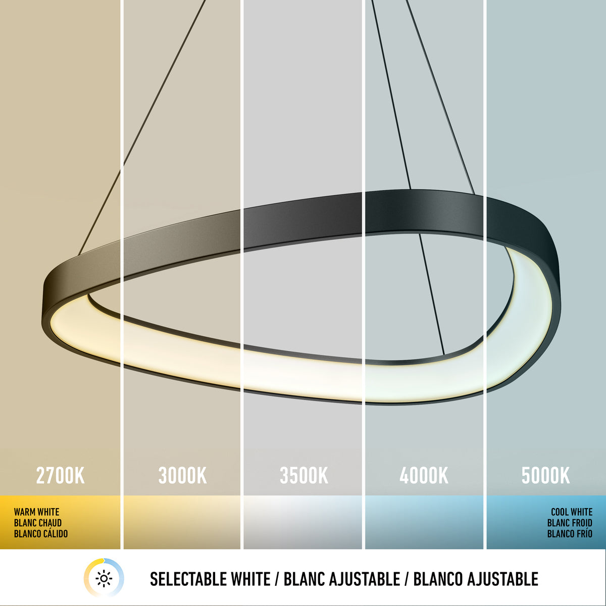 The Artika Bjorn modern LED pendant light 5 CCT features five sections, each illustrating a different color temperature from warm white (2700K) to cool white (5000K). Below is the text: Selectable White / Blanc Ajustable / Blanco Ajustable.
