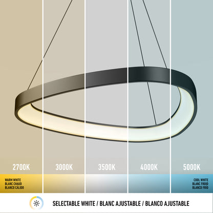 The Artika Bjorn modern LED pendant light 5 CCT features five sections, each illustrating a different color temperature from warm white (2700K) to cool white (5000K). Below is the text: Selectable White / Blanc Ajustable / Blanco Ajustable.