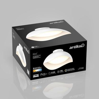 Adara 15 in. (38 cm) Modern LED Flush Mount Ceiling Light 5 CCT pictured on its product box.