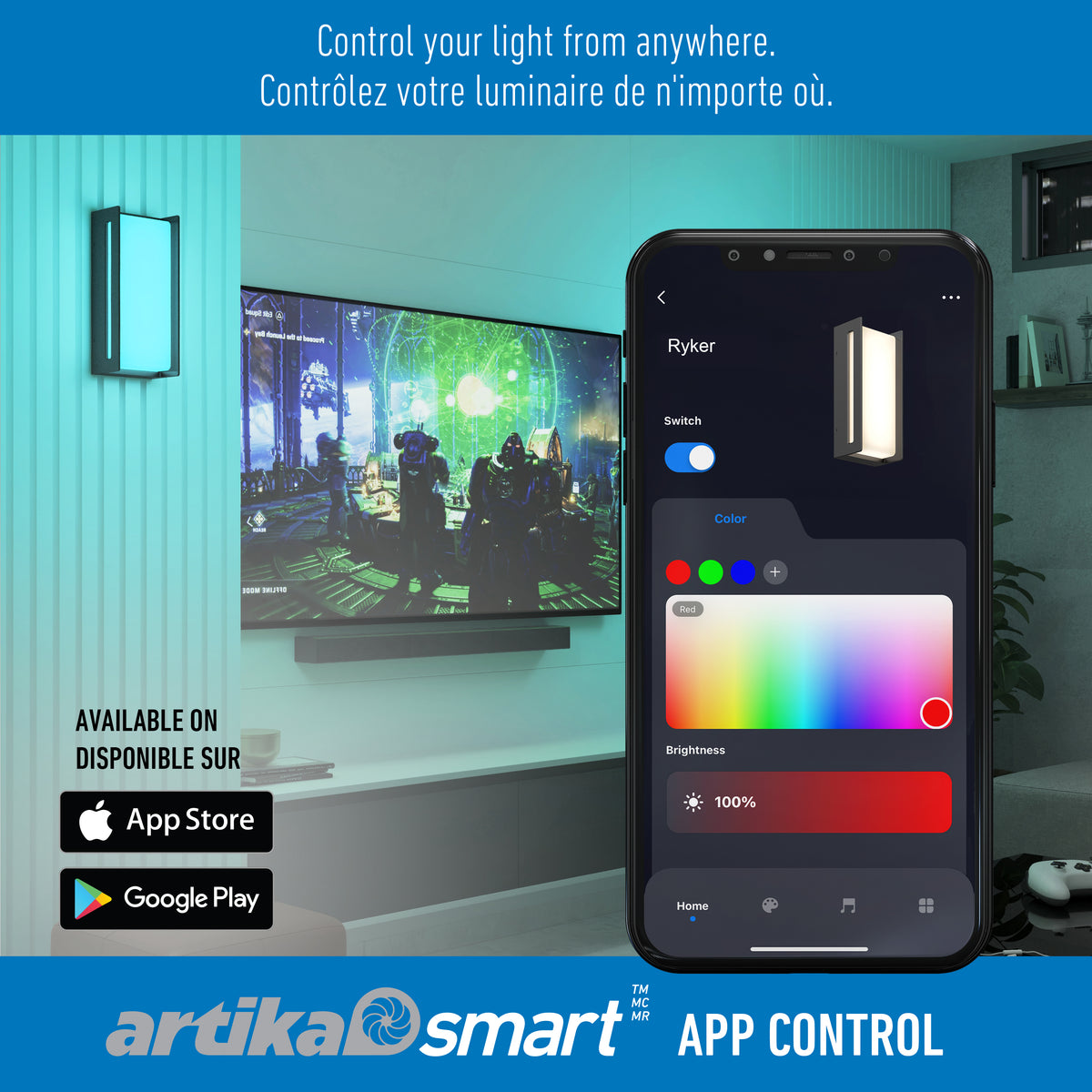 A smart wall light is shown in a modern living room above a TV. A smartphone displays the Artika Smart app, allowing color and brightness control. App Store and Google Play logos are visible. Text is in English and French.