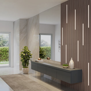 Modern entryway with a floating black console, vases, a potted plant, and Artika Lumilok LED Wall Panel Light for Sonolok.
