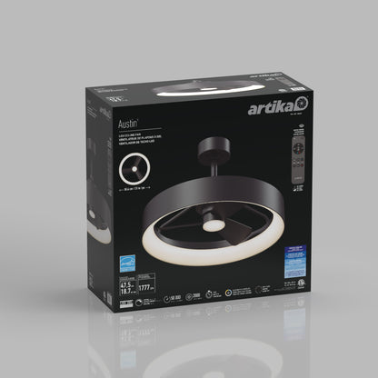 The Artika-CAN-dev Austin 23 in. LED modern ceiling fans black box displays product images, features, specs, a remote control, and dimmable settings on the packaging.
