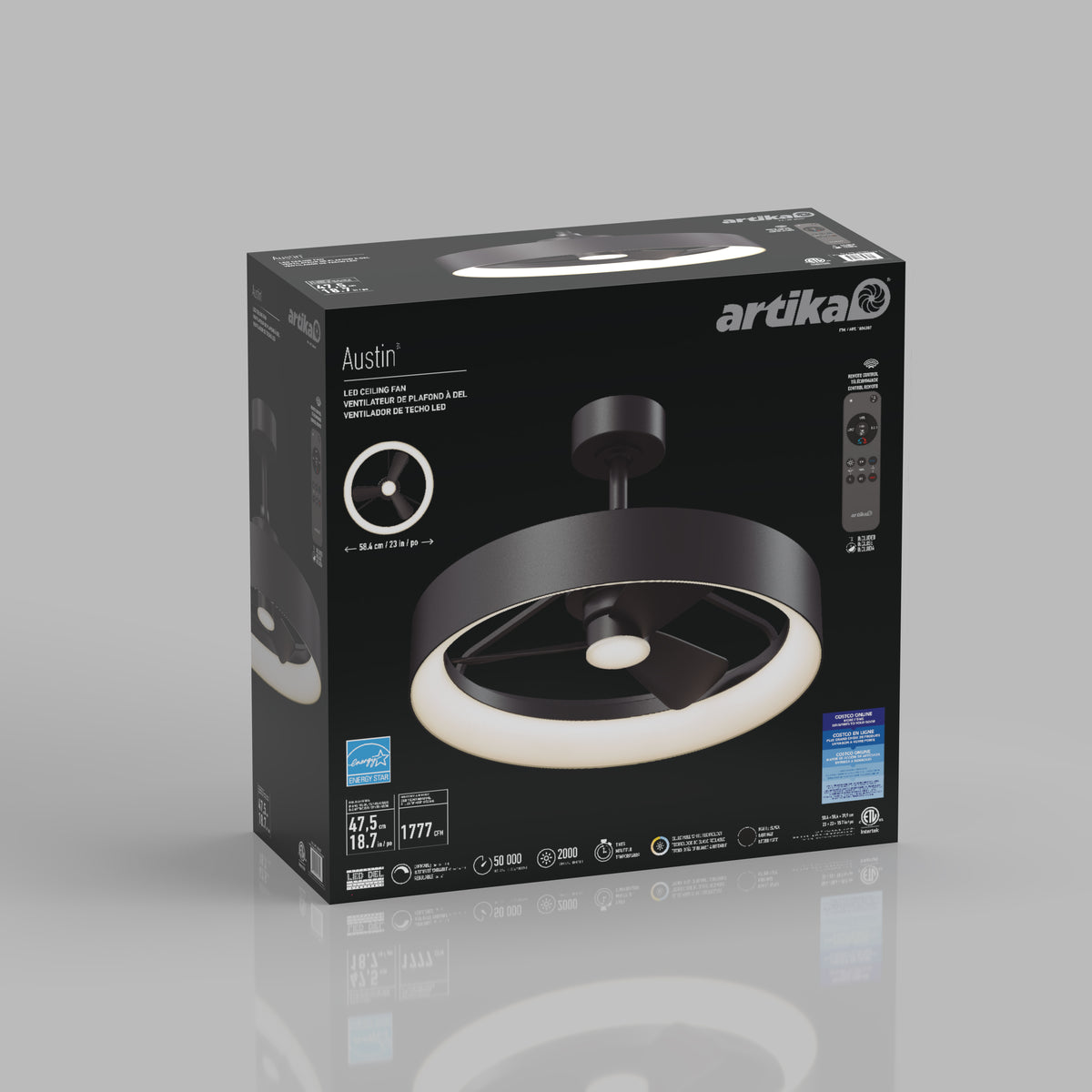 A boxed Artika Austin 23 in. LED modern ceiling fan with remote, showing a circular light. The gray box features images, specs, and Artika branding.