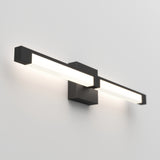 A modern wall-mounted light fixture with a rectangular black base and two horizontal, illuminated white bars, casting soft light on a white wall.