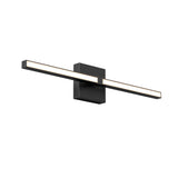 A modern, rectangular black wall light fixture with a horizontal LED light bar attached to a central wall-mounted base, isolated on a white background.