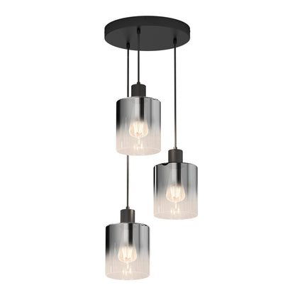 The Artika Haze modern 3-light pendant features cylindrical glass shades with exposed bulbs, suspended from a round black base for a sleek, contemporary look.