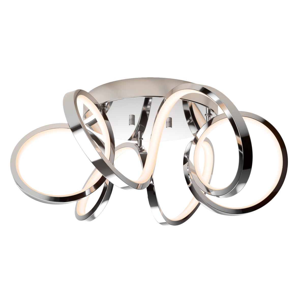 A modern ceiling light fixture with several intertwined, chrome-finished rings that emit a soft white glow, creating an artistic, sculptural appearance.