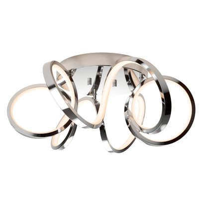 The Artika Swirl Ribbon flush mount light features abstract, futuristic chrome loops with built-in LEDs, all mounted on a round base.