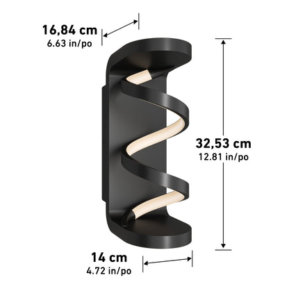 The Artika Swirl indoor-outdoor LED wall light features a black finish and twisting spiral design, measuring 16.84 cm wide, 14 cm deep, and 32.53 cm tall.