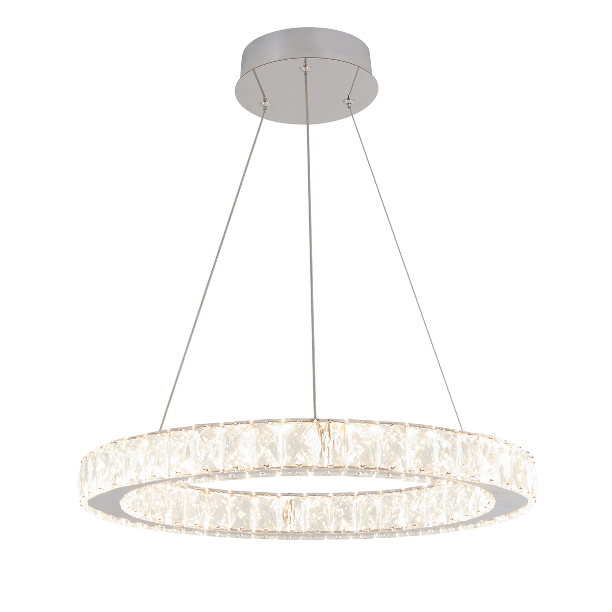 A modern circular chandelier with a silver base, suspended by three thin cables, featuring a ring of crystal-like segments emitting bright, white light.