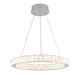 The Artika Celebrity LED pendant light features a modern circular design with a ring of clear faceted crystals, suspended by three thin wires from a round silver ceiling mount, and emits bright white light.