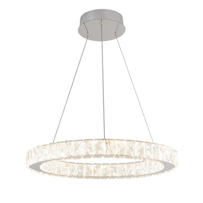 The Artika Celebrity LED pendant light features a modern circular design with a ring of clear faceted crystals, suspended by three thin wires from a round silver ceiling mount, and emits bright white light.