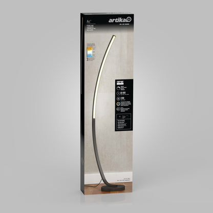 A retail box for the Artika Arc LED Floor Lamp is shown, featuring its modern curved design, dimmable brightness, and energy efficiency on a sleek minimalist background.