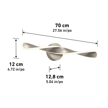 Finley LED modern bathroom vanity light 3 CCT by Artika features a twisted design and measures 70 cm (27.56 in) wide, 12 cm (4.72 in) high, and 12.8 cm (5.04 in) deep, shown on a white background.