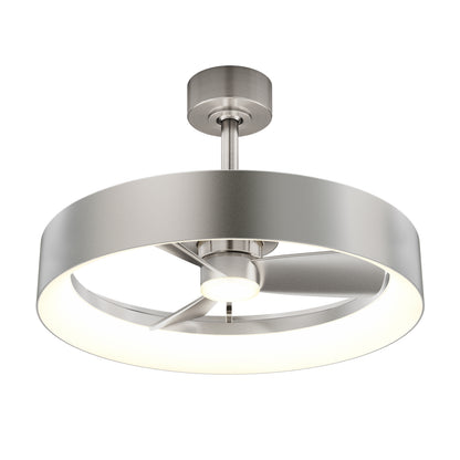 A modern ceiling fan with a brushed metal finish, circular frame, integrated LED light, and three curved blades, suspended from a short downrod.
