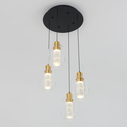 The Artika Champagne Globe 4-light LED pendant features four hanging lights with gold bases, clear textured glass shades, and a round black ceiling mount for a modern look.