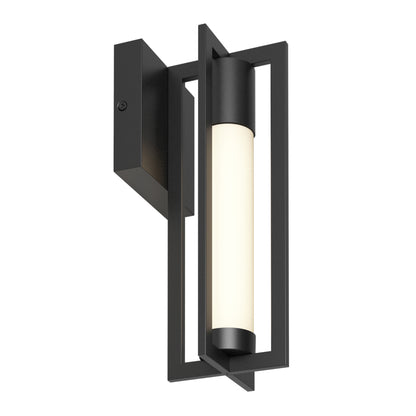 The Artika Walt indoor-outdoor LED wall light features a modern rectangular black metal frame with a central vertical frosted cylindrical light tube, mounted on a square black base.