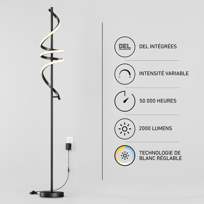 The Artika Coda modern LED floor lamp 5CCT is shown lit in black with a striking spiral design. French text and icons display features: integrated LED, dimmable, 50,000 hours, 2000 lumens, and adjustable white technology.