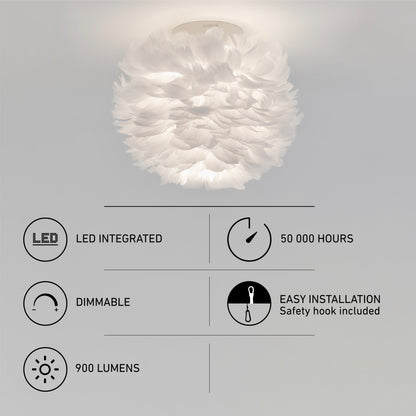 The Artika Plume LED flush mount light features a white feathered design, integrated LED with 50,000-hour lifespan, 900 lumens brightness, dimmable function, and easy installation via a safety hook.