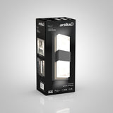 Box packaging for an Artika Mazza LED wall light, featuring an image of the modern rectangular light fixture on the front, with product details and specifications visible on the box.