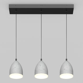 The Artika Bergen 3-light LED pendant features gray, speckled dome shades hanging from a black rectangular mount, all illuminated against a light gray background.