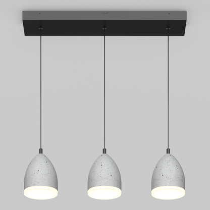The Artika Bergen 3-light LED pendant features gray, speckled dome shades hanging from a black rectangular mount, all illuminated against a light gray background.