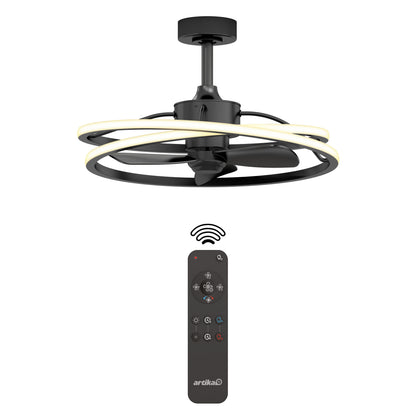 The Artika Coda 23 in. LED modern ceiling fan features black blades, a circular LED light kit, and comes with a black remote control equipped with multiple function buttons.