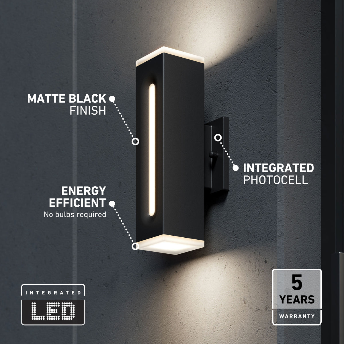 Artika Linea Square LED wall light: black, weather-resistant, matte finish, 3 CCT, photocell, 5-year warranty.