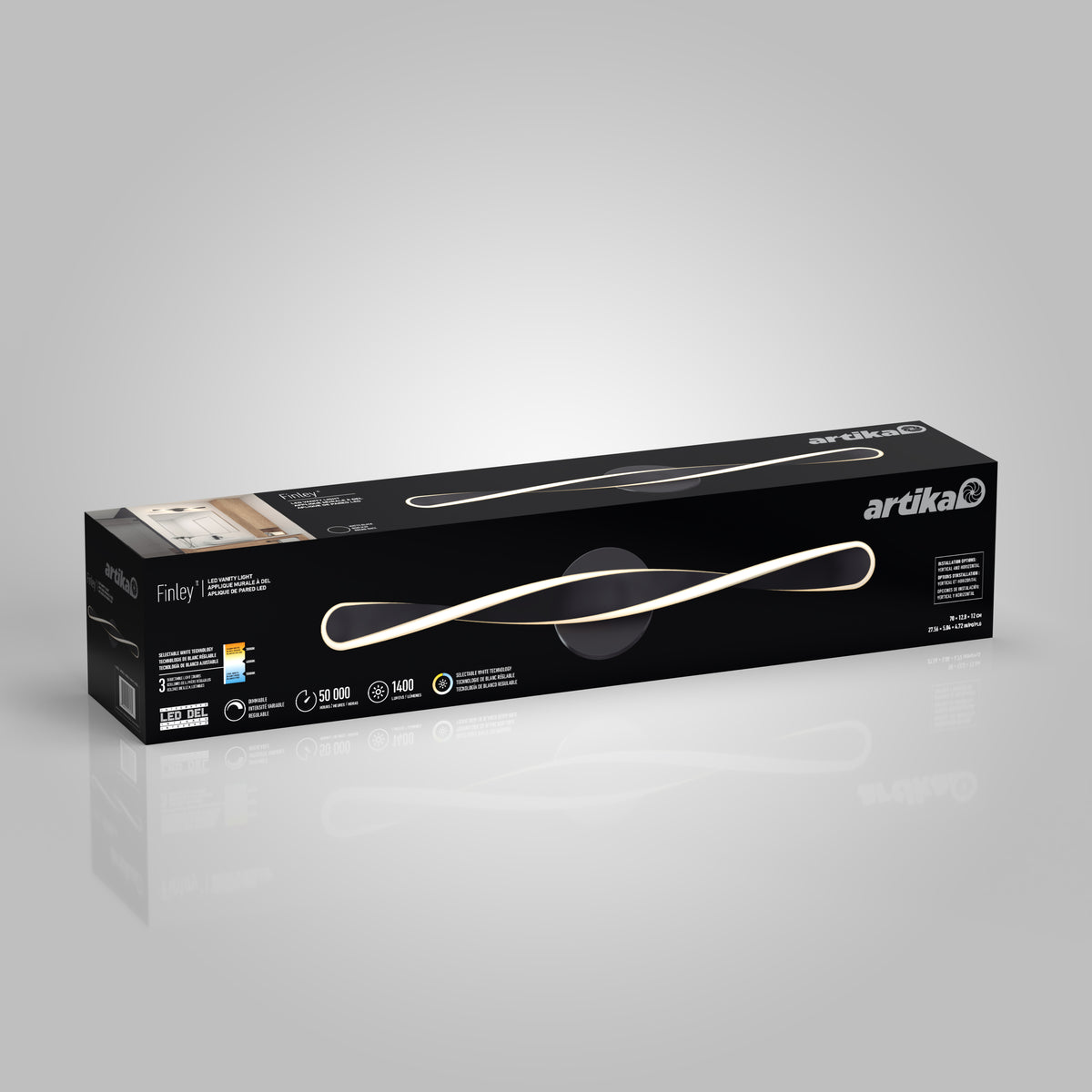 A rectangular black box with artika branding contains the Finley LED vanity light. The box displays an image of the light fixture, product features, specifications, and icons on a gray gradient background.