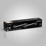 A rectangular black box with artika branding contains the Finley LED vanity light. The box displays an image of the light fixture, product features, specifications, and icons on a gray gradient background.
