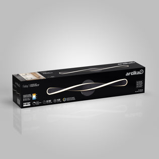 Black rectangular box of the Artika Finley LED modern bathroom vanity light 3 CCT with product image and features displayed.