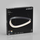 A black and white box featuring the Artika Bipin LED ceiling light, showing a modern, oval-shaped fixture with a glowing LED ring, product specifications, and branding on a gray background.