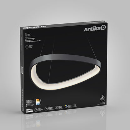 A product box for the Artika Bjorn modern LED pendant light 5 CCT, showing an image of the stylish curved black and white fixture with key features and specifications on the front against a gray background.