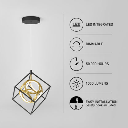 The Mini Luxury LED pendant light by Artika features a modern black cube design with an integrated dimmable LED ring, 1000 lumens brightness, 50,000-hour lifespan, and easy installation thanks to its safety hook.