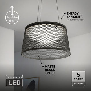 The Artika Adrian LED pendant light 3 CCT features a matte black mesh shade, integrated LED, adjustable height, energy efficiency, and a 5-year warranty. Set against a white ceiling with part of the wall visible in the background.