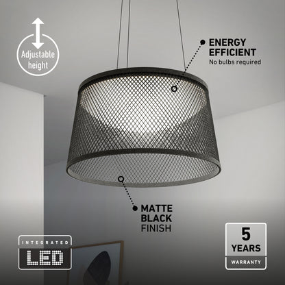 The Artika Adrian LED pendant light 3 CCT features a matte black mesh shade, integrated LED, adjustable height, energy efficiency, and a 5-year warranty. Set against a white ceiling with part of the wall visible in the background.