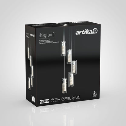 A black box showcases the Artika Hologram 5-light LED pendant, featuring an image of five hanging cylindrical glass lights and product details in white text on the packaging.